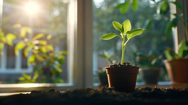 Sunlit sprout in terracotta pot by window, home garden