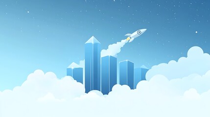 Fototapeta premium Rocket Launching Over City Skyline Symbolizing Growth, A stylized illustration of a rocket launching above a city skyline with upward arrows
