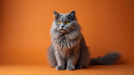 Grey Fluffy Cat Portrait Yellow Eyes Orange Studio Background