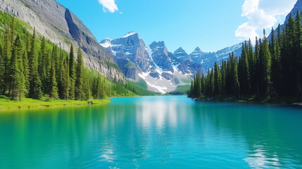 Crystal-clear waters reflect the majestic Rocky Mountains, framed by dense evergreen forests. This peaceful lake invites tranquility, offering a perfect escape for nature lovers and adventurers alike