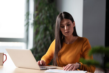 Young researcher, architect or project manager working at a desk with a laptop and documents in a...