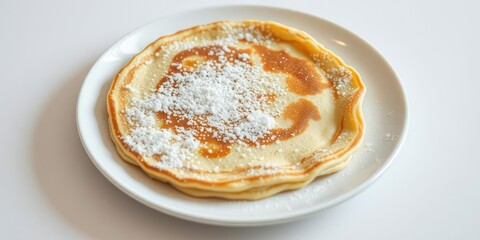 Freshly made pancake served on a clean white plate, dusted with a generous amount of sugar, stack, dessert, sweet