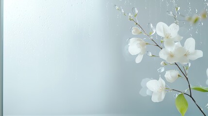 Delicate white flowers on a pale blue background evoke tranquility and minimalism.