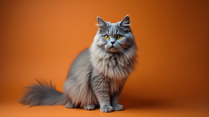 Beautiful Fluffy Grey Cat Sitting Portrait with Striking Yellow Eyes on Vibrant Orange Background | Studio Portrait of Longhaired Domestic Cat
