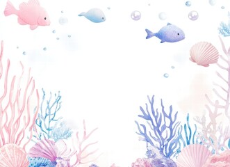 pastel watercolor mermaid-themed frame, empty space for text, seashells, starfish, and sea creatures border, perfect for invitations or decor