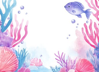 pastel watercolor mermaid-themed frame, empty space for text, seashells, starfish, and sea creatures border, perfect for invitations or decor