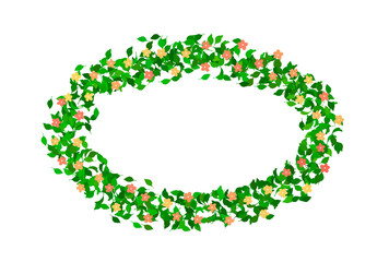 緑の葉っぱと花の丸いフレーム　春　カラフル