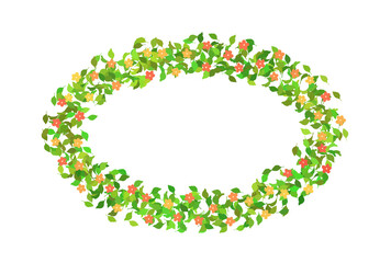 黄緑の葉っぱと花の丸いフレーム　春　カラフル