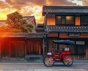 Traditional Red Rickshaw Parked in Historic Japanese Street at Sunset