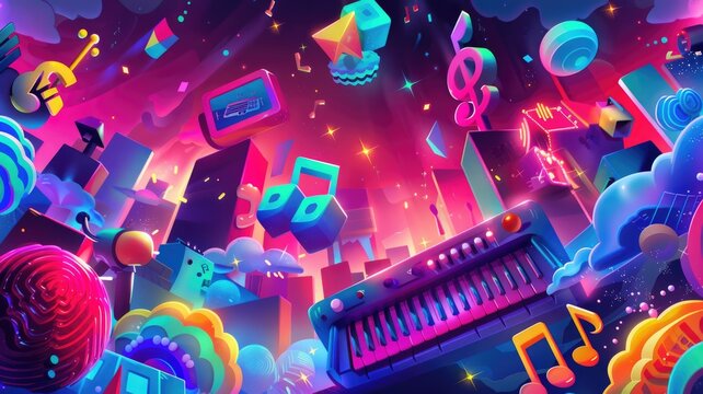Abstract colorful and fantasy scene filled with musical festival. Vibrant color with vividness tone under a bright particle evoking a playful and joyful atmosphere of surreal beat and music. AIG53.