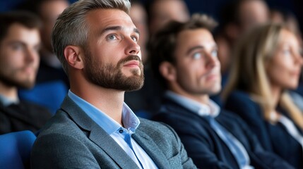 Financial literacy wealth knowledge building. Engaged audience member listening intently at an event or presentation.