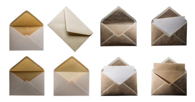 Collection of Various Envelope Designs for Stylish Correspondence, isolated on transparent background
