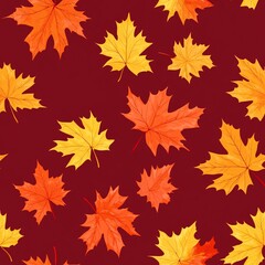 Autumn Bliss: Seamless Pattern of Falling Maple Leaves in Red, Orange, and Yellow Tones