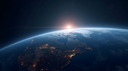 Fototapeta premium Earth from Space Sunrise Cinematic View City Lights Horizon