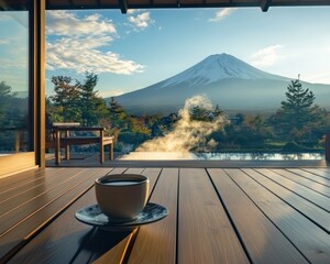 Tranquil Morning View of Mount Fuji from a Japanese Tea House