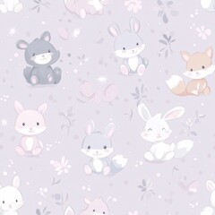 Sweet Baby Animal Seamless Pattern in Soft Pastel Colors featuring Bunnies, Bears, and Foxes