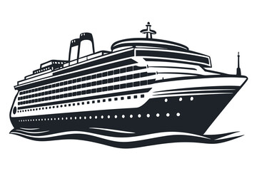 A black and white drawing of a cruise ship in the ocean