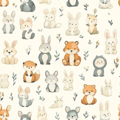 Naklejka premium Sweet Baby Animal Seamless Pattern in Soft Pastel Colors with Bunnies, Bears, and Foxes
