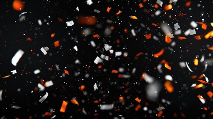 Floating orange and silver confetti against a dark background. Vibrant color of paper and confetti falling at dark background. Celebratory atmosphere with scattered sparkles. Festive and party. AIG53.