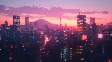 Fototapeta premium Vibrant Cityscape at Sunset with Mountain and Sky in Background