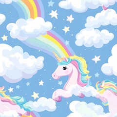 Obraz premium Whimsical Unicorn and Rainbow Seamless Pattern with Fluffy Clouds and Pastel Stars