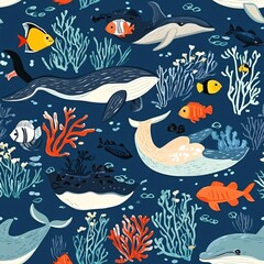 Playful Underwater Delights Seamless Pattern with Whales, Dolphins, and Coral Reefs