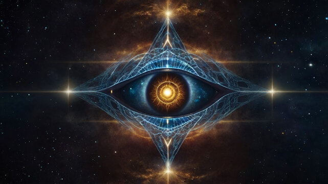 Mystical third eye opening banner revealing cosmic knowledge and spiritual enlightenment, higher consciousness, higher self