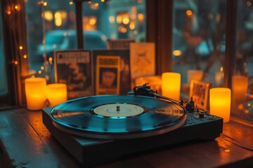 Vinyl record is playing on a turntable in a warm and inviting atmosphere, surrounded by candles and vintage album covers