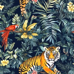 Obraz premium Vibrant Jungle Wildlife Seamless Pattern with Tigers, Parrots, and Tropical Plants