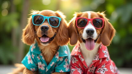 Cute Puppies in Hawaiian Shirts and Sunglasses - Funny Summer Dogs Ready for Vacation Fun