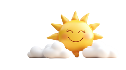A radiant, smiling sun character with animated, playful rays and subtle cloud accents