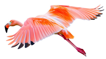 Obraz premium A flamingo in mid-flight, with its wings spread wide, soaring against a transparent background, highlighting the vivid pink and orange tones of its feathers