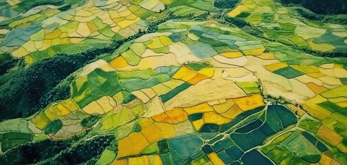 Aerial Vista of Patchwork Fields, Rural Landscape from Above