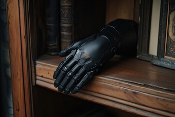 A Futuristic Black Robotic Hand Resting on an Antique Wooden Bookshelf