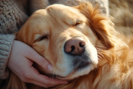 Woman gently caressing her golden retriever, lovingly holding its muzzle while sharing a moment of tenderness and affection