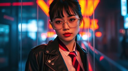 Fototapeta premium Young woman with glasses, red tie, and leather jacket posing at night with neon lights.