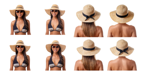 Stylish Woman in Hat and Sunglasses Posing in Various Angles, Bundle Set Collection, Isolated on Transparent Background