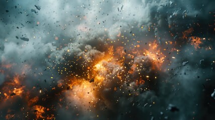 Abstract artwork of dark cloud with golden sparks and smoke. Close up of black cloud texture floating in the air. Cosmic and abstract concept. Motion shot of explosion with spark and smoke. AIG53.