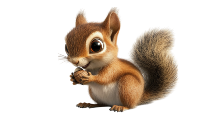 A whimsical squirrel with big, curious eyes and finely rendered fur textures, striking a playful pose with a tiny acorn
