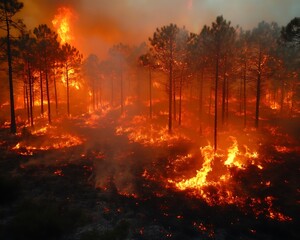 Forest ablaze, fire engulfs trees, smoky scene