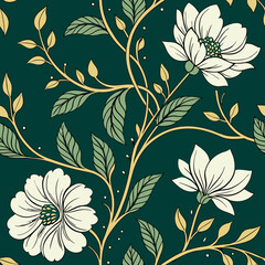 Elegant seamless floral pattern in rich emerald green with detailed blossoms and vines, accented with white and gold, creating a sophisticated and nature-inspired design ideal for high-end applicatio