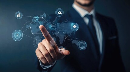 Global Network, Businessman Interacting with Digital Interface, Futuristic Technology, Data Visualization, World Map, Cloud Computing, 