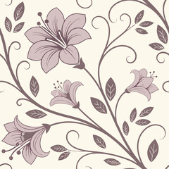 Sophisticated seamless pattern with delicate lavender floral motifs, swirling ivory vines, and lace-like details, creating a refined and feminine vintage aesthetic ideal for premium stationery and we