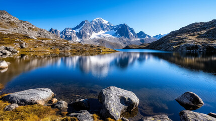 Serenity envelops this mountain lake where calm waters mirror towering peaks, surrounded by vibrant natural landscapes awakening with the soft light of dawn