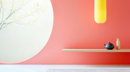 Minimalist Interior Design with Soft Pink Walls and Floating Shelf