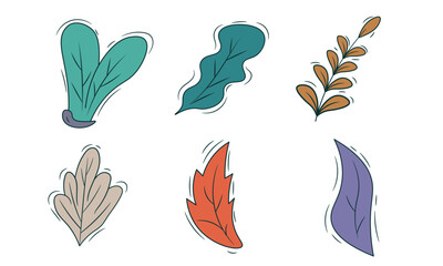 Fototapeta premium Collection of six illustrated leaves with a hand-drawn style and black outline, set against a clean white background Great for botanical or design projects