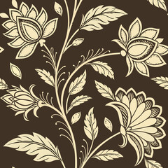 Premium seamless brocade pattern featuring refined floral motifs in warm caramel on a dark chocolate background, creating a luxurious and vintage aesthetic perfect for high-end interior décor and tex