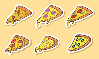 Colorful cartoon illustration showcases various pizza slices featuring different toppings on a light yellow background Great for menu design or food-related projects.
