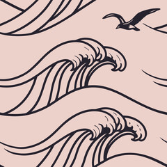 Sophisticated seamless pattern showcasing smooth, flowing waves in blush pink and charcoal, creating a refined and contemporary aesthetic ideal for premium stationery and textile projects.