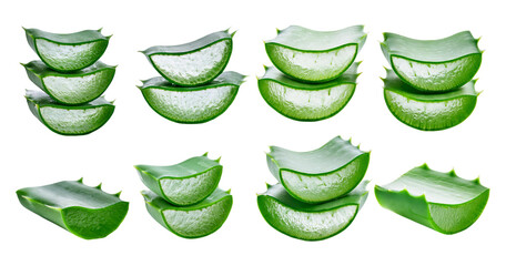 Obraz premium Fresh Aloe Vera Leaves Cut and Stacked on Transparent Background, Bundle Set Collection, Isolated on Transparent Background